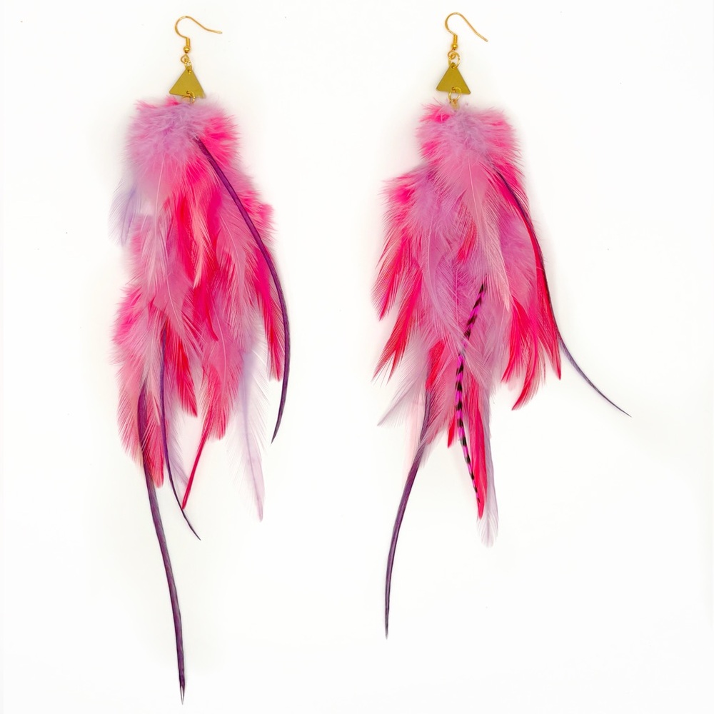 Feathered Pink and Purple Earrings with gold triangle pendants